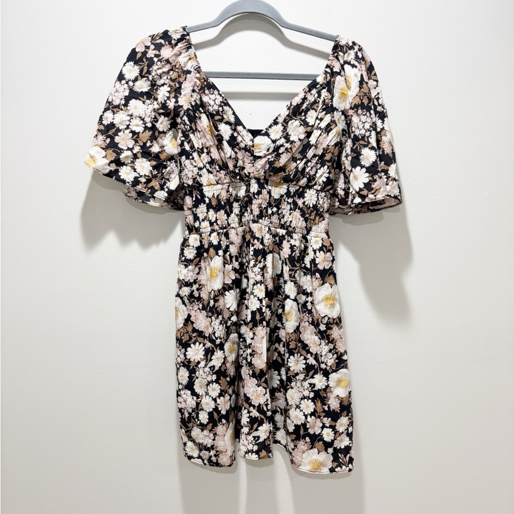ABERCROMBIE & FITCH Floral Cinched Smocked Waist Flutter Short Sleeve Mini Dress